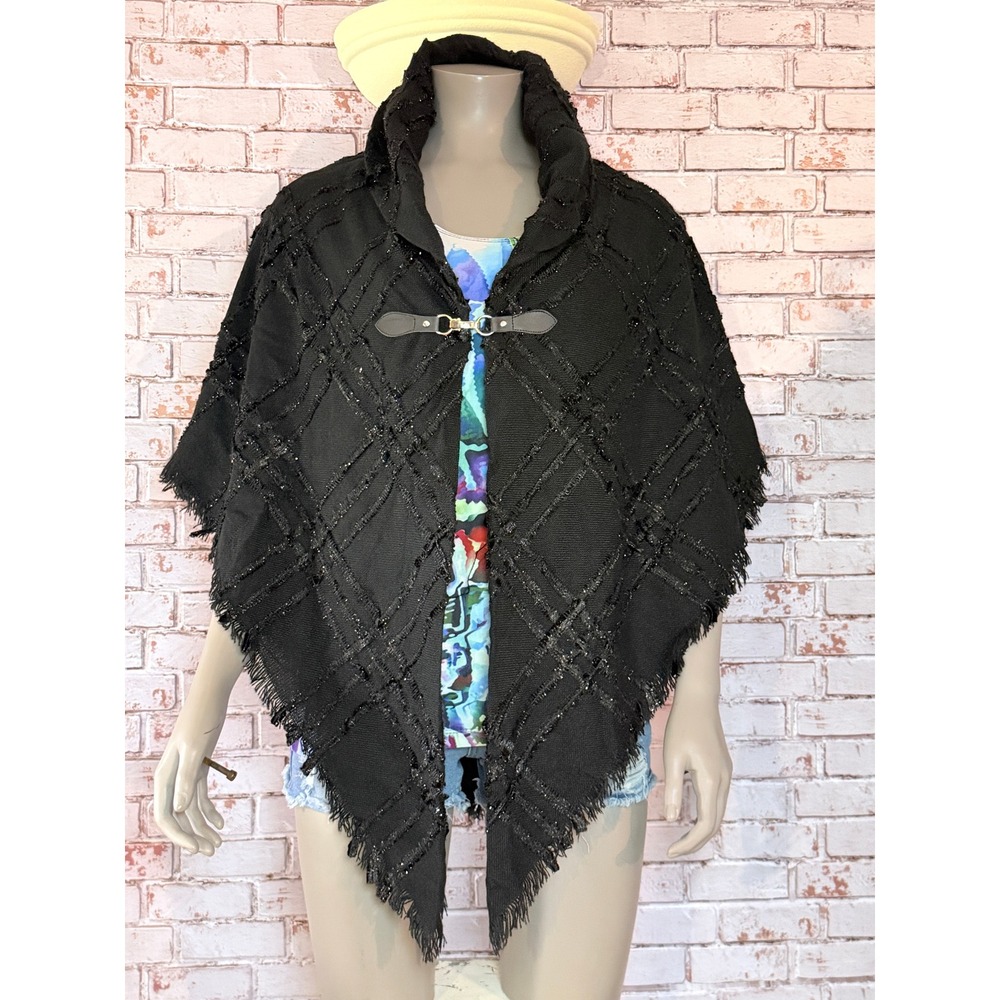 Modena Black Glitter Diamond Poncho Shawl Fringe Leather Toggle Clasp One Size